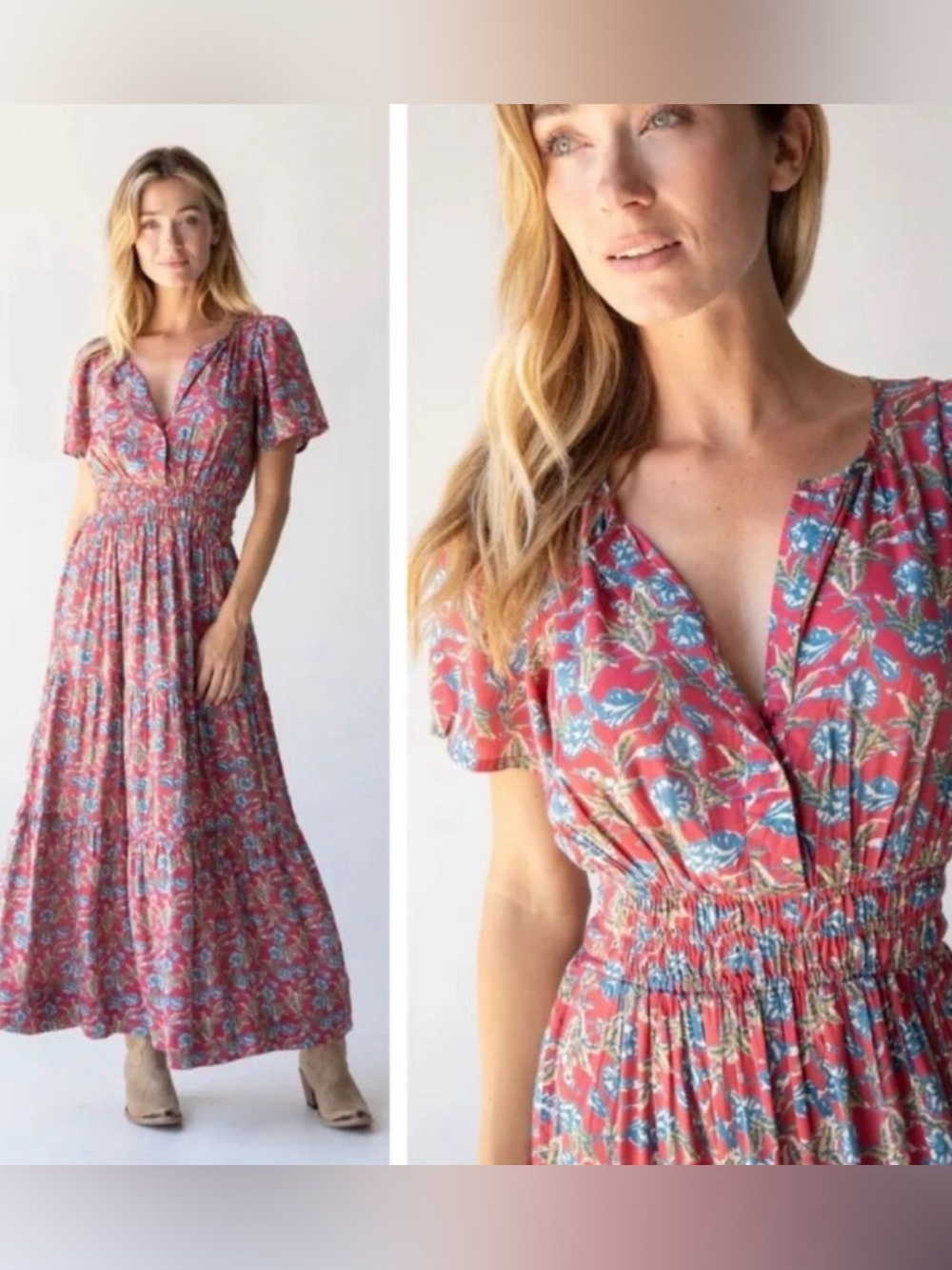 NATURAL LIFE BOHO FLORAL MAXI DRESS SIZE Small SILKY TIERED V-NECK FLOWY PRAIRIE